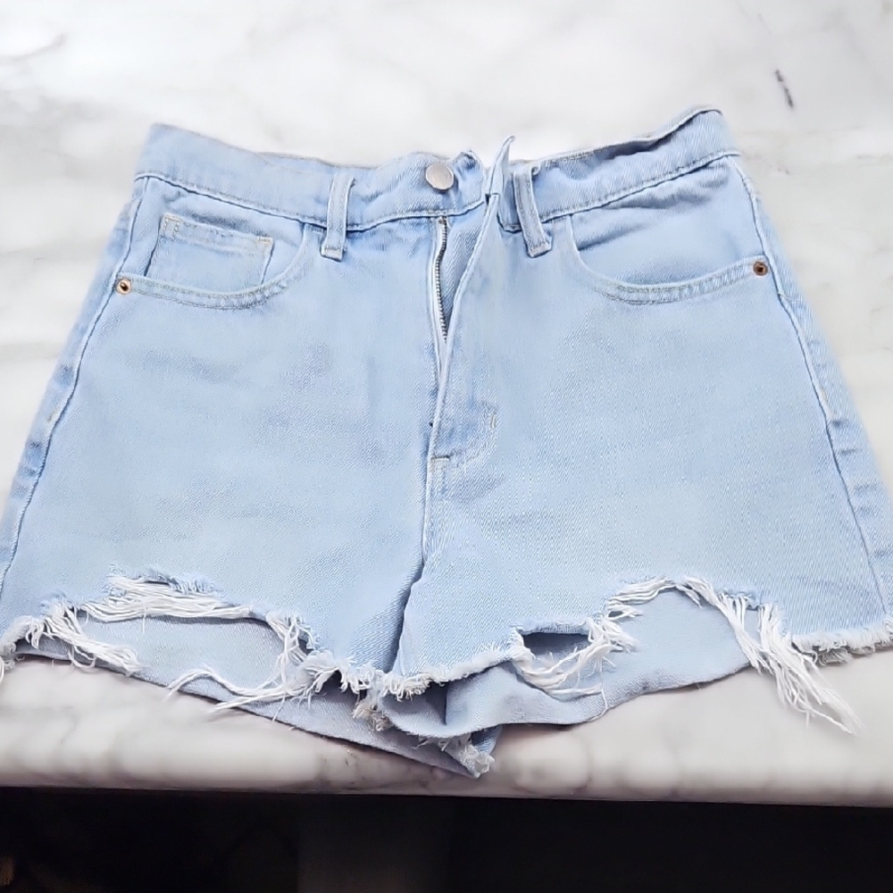 Cello Sky Blue Frayed Hem Jean Shorts